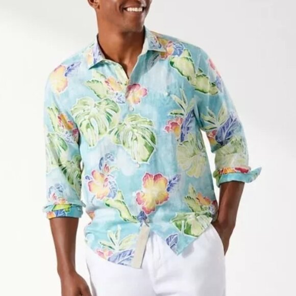 NWT Tommy Bahama Men's Shirt Blue Red Green Floral 100% Linen Casual Size  XXL